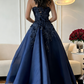 Navy Blue 3D Floral Beaded Ball Gown - Strapless Floor-Length Evening Dress NV6873