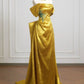 Gold Applique Elegant Long Satin Prom Dress Evening Gown nv4954