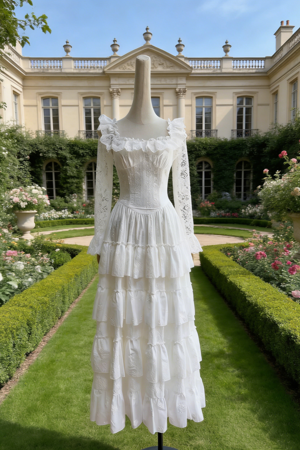 Robe longue trapèze multicouches en dentelle blanche à manches papillon - Style délicat, idéale pour un rendez-vous ou un thé de l'après-midi NV6784