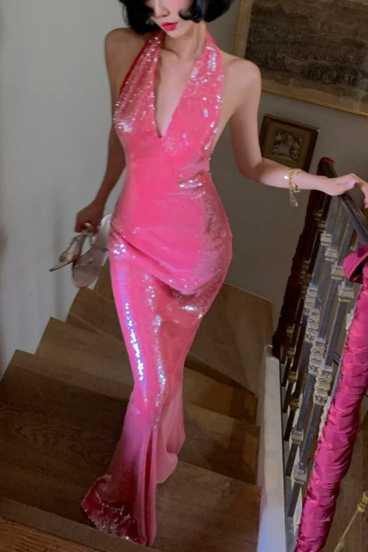 Paillettenbesetztes Neckholder-Maxikleid: Pinkfarbenes, tief ausgeschnittenes Rückenteil, ein echter Hingucker – ein atemberaubendes Abendkleid NV6400