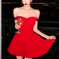 Leuchtend rotes schulterfreies Minikleid: Satin-Taille, bauschiger Rock, elegantes Abendkleid NV6408