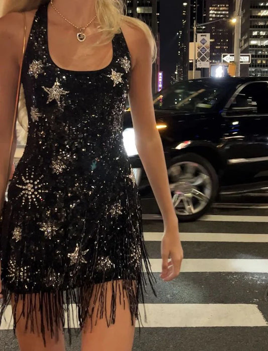 Black shiny sequins short homecoming dress birthday cocktail party dress nv4659