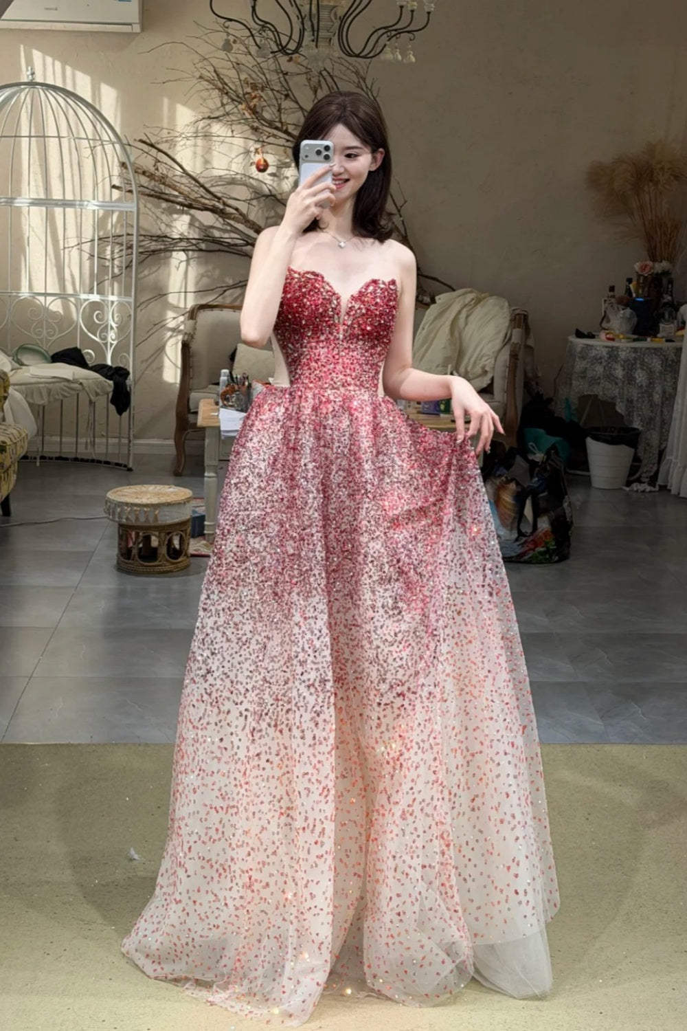 Dreamy Gradient Style Strapless Sleeveless Gown | Pink-Rose Sequin Tulle Ballgown Maxi Dress for Gala Ball Engagement Luxury Party NV6272