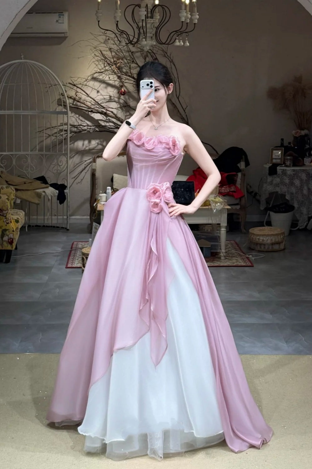 Sweet Element Style Strapless Sleeveless Gown | Pink-White Paneled Tulle 3D Flower Ballgown Maxi Dress for Engagement Luxury Dinner Garden Party NV6273