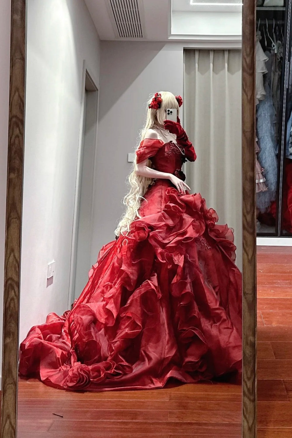 Red, delicately beaded, long tulle ball gown NV6662