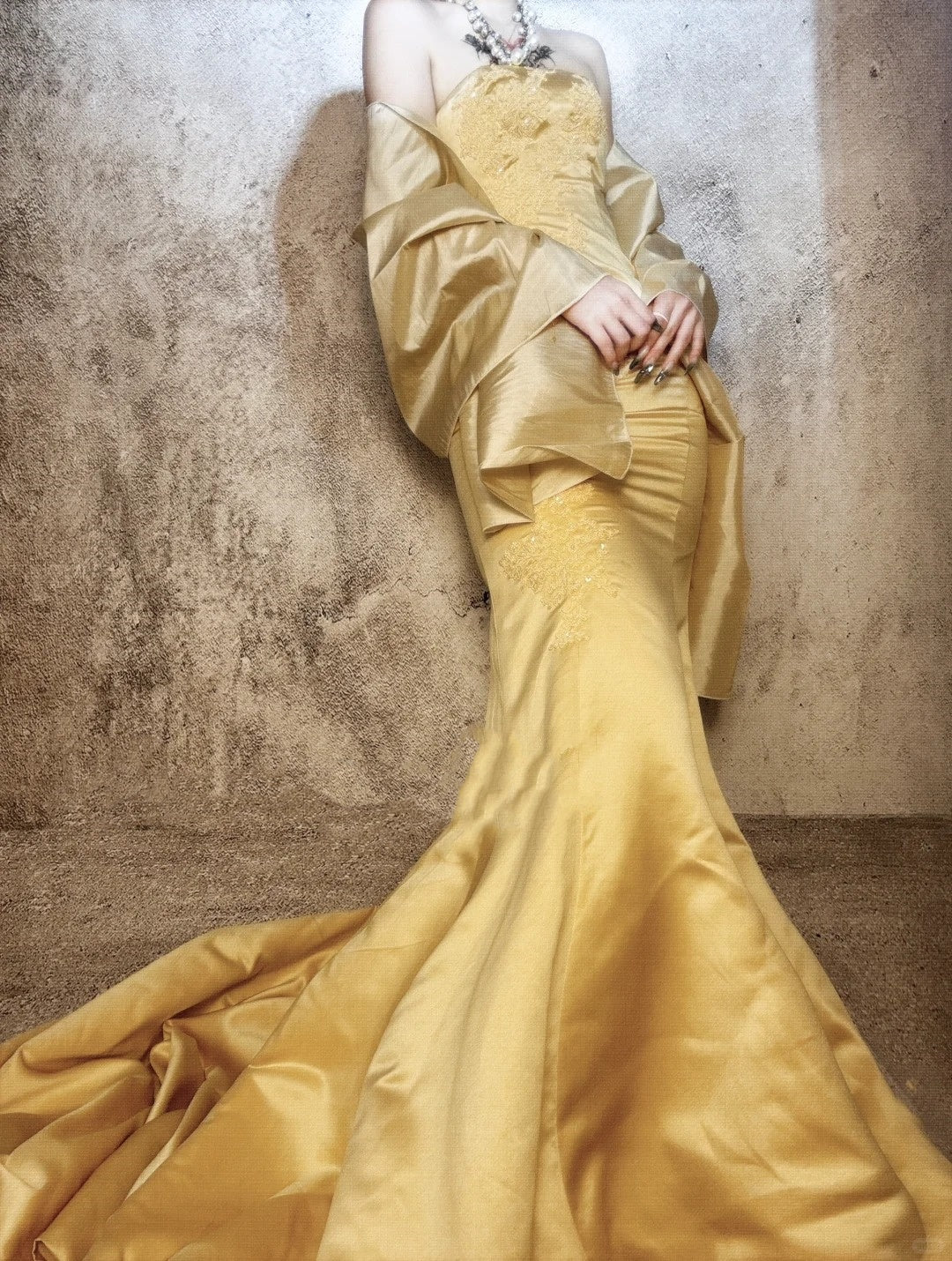 Yellow gorgeous exquisite beaded long satin ball gown evening dress party dress nv4374