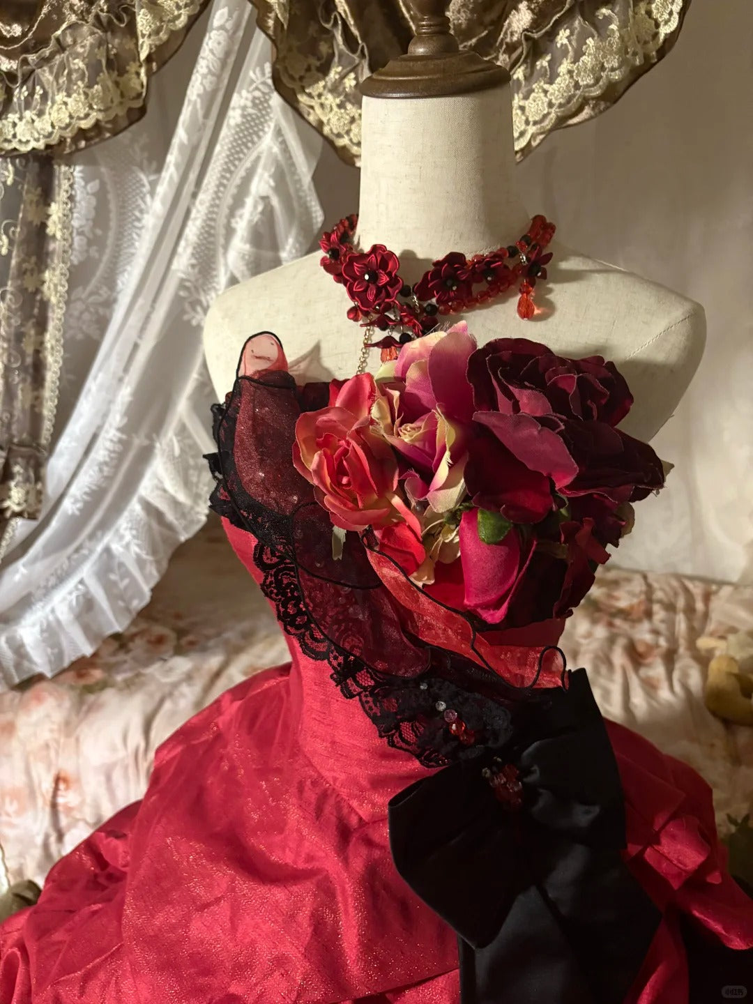 Red floral lace tulle floor-length ball gown nv5170