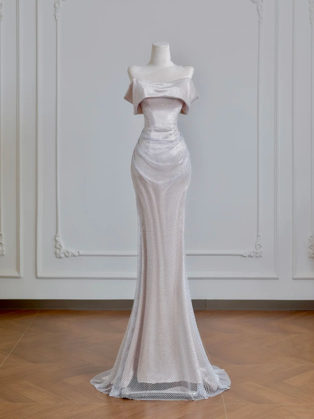 Silver Mesh Metallic Satin Long Mermaid Slim Prom Dress Evening Dress Party Dress nv4721