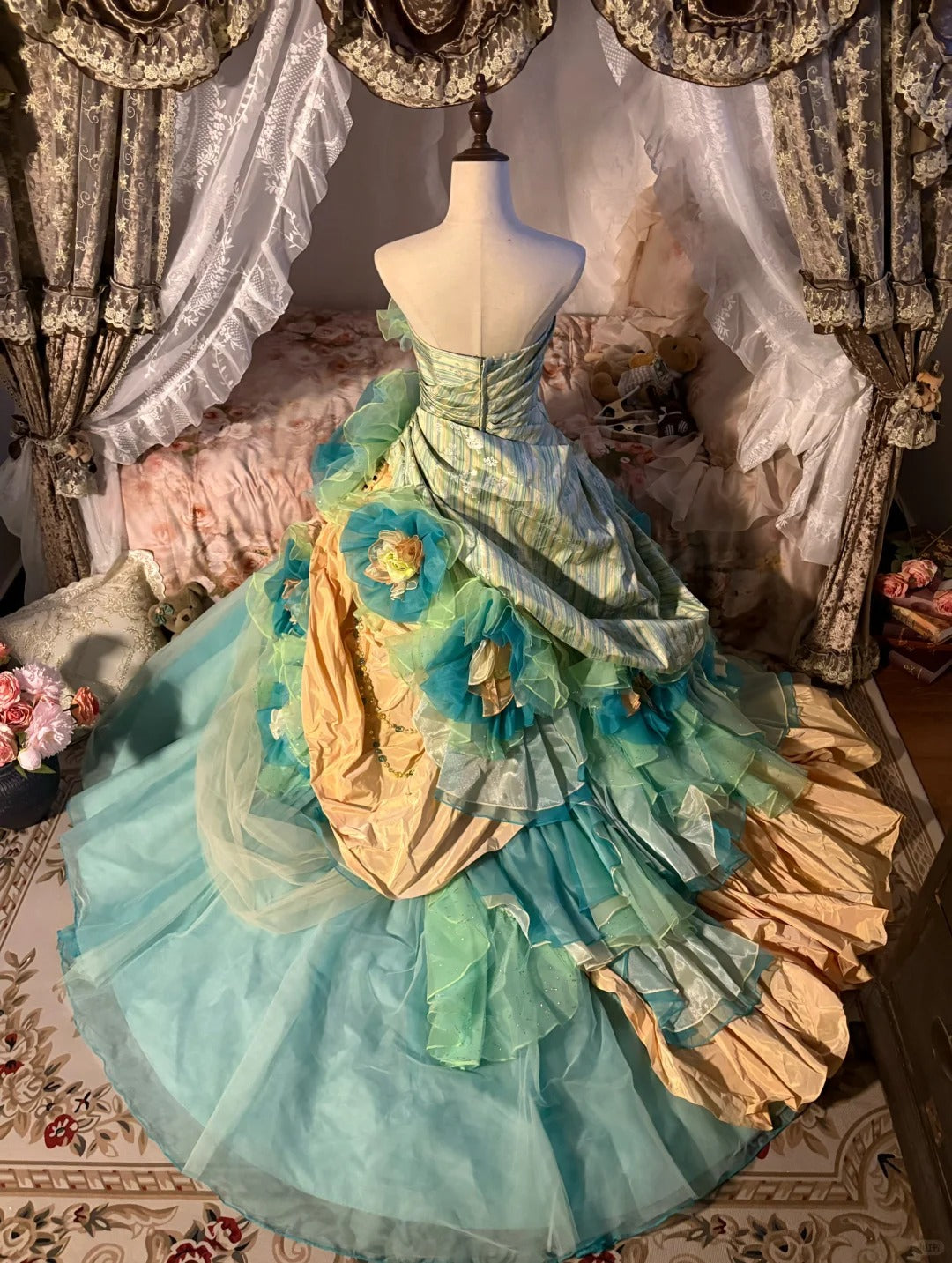 Blue Floral Tulle Floor-Length Ball Gown nv5171