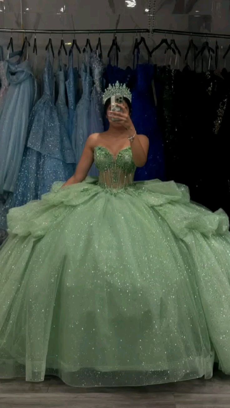 Sage Green Sparkling Luxury Quinceanera Dress Off Shoulder Ball Gown Prom Dress Ball Gown nv2661