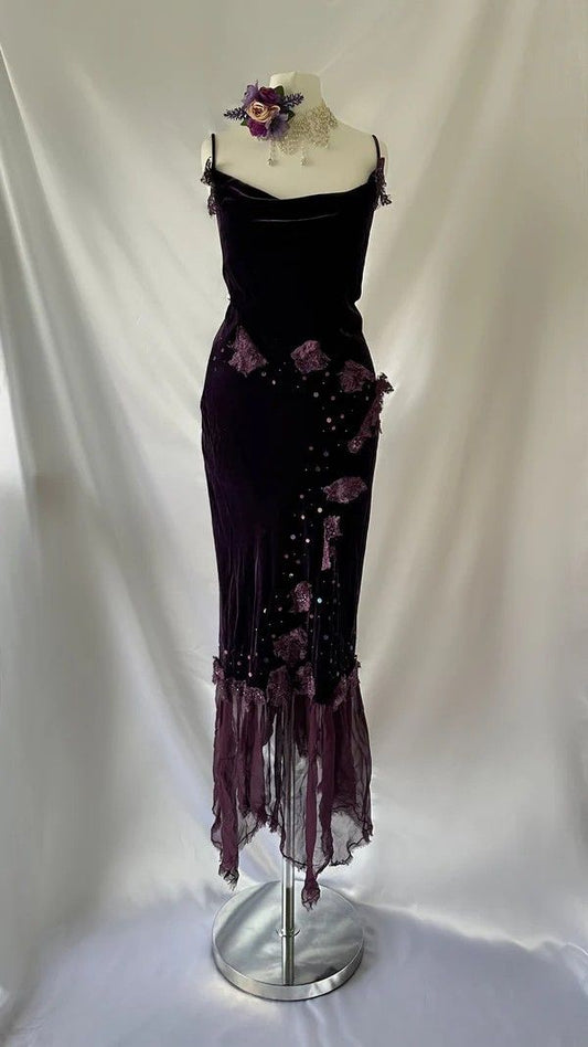 Purple floral elegant fashion long chiffon velvet party dress evening gown ball gown nv4593