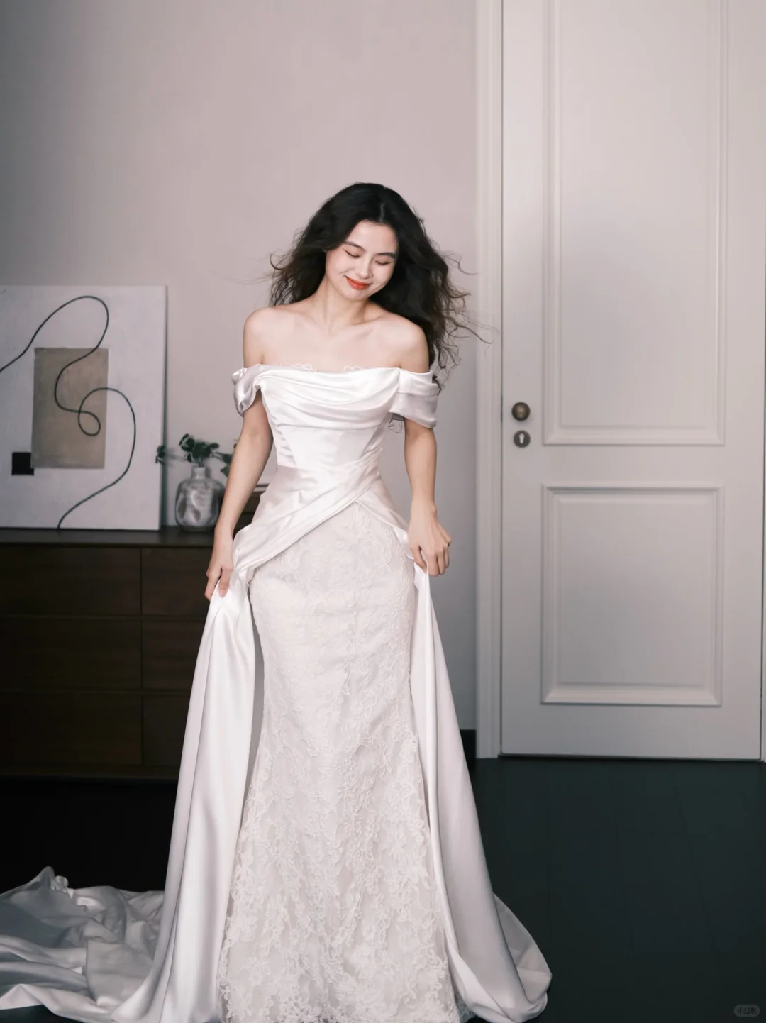 Off Shoulder Draped Satin Lace Mermaid Bridal Dress with Long Train  NV7377