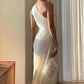 White Fashion One Shoulder Pleated Asymmetric Hem Satin Dress Chic Long Ball Gown Evening Gown Party Dress nv1850