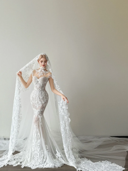 White Sweetheart Sheer Mermaid Wedding Dress Lace Applique Hooded Veil  NV7146