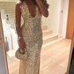 Gold V-neck Shiny Sequins Long Slim Fit Evening Dress Cocktail Party Dress nv2980