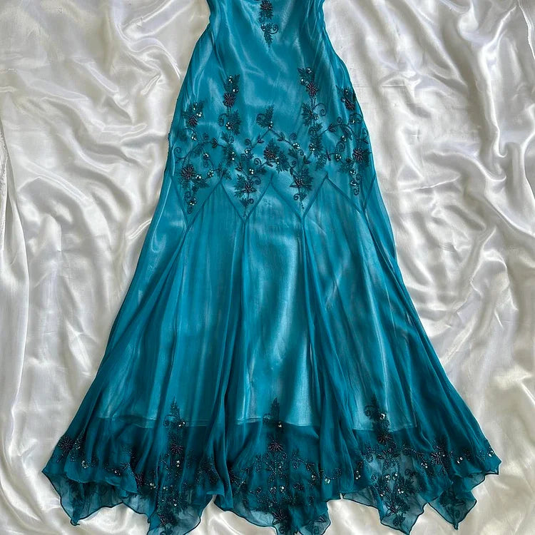 Blue fashion elegant delicate beading spaghetti straps long chiffon elegant ball gown evening dress party dress nv3681