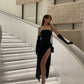 Simple A-Line Off-Shoulder Sleeveless Black Ball Gown Slit Knee Length Prom Dress nv1800