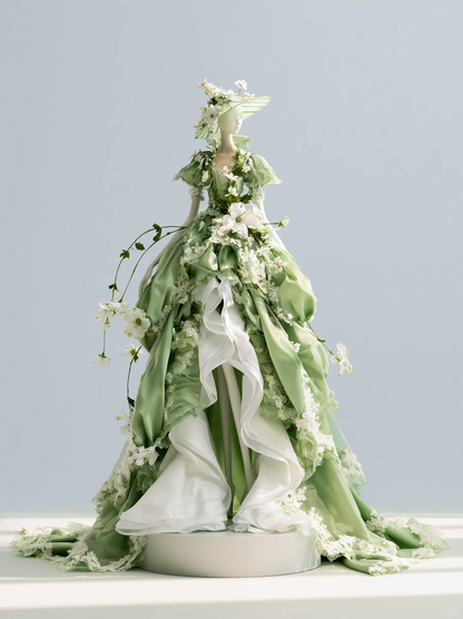 Sage Green Square Neck Puff Sleeve Satin 3D Floral Fairy Ball Gown  NV7471