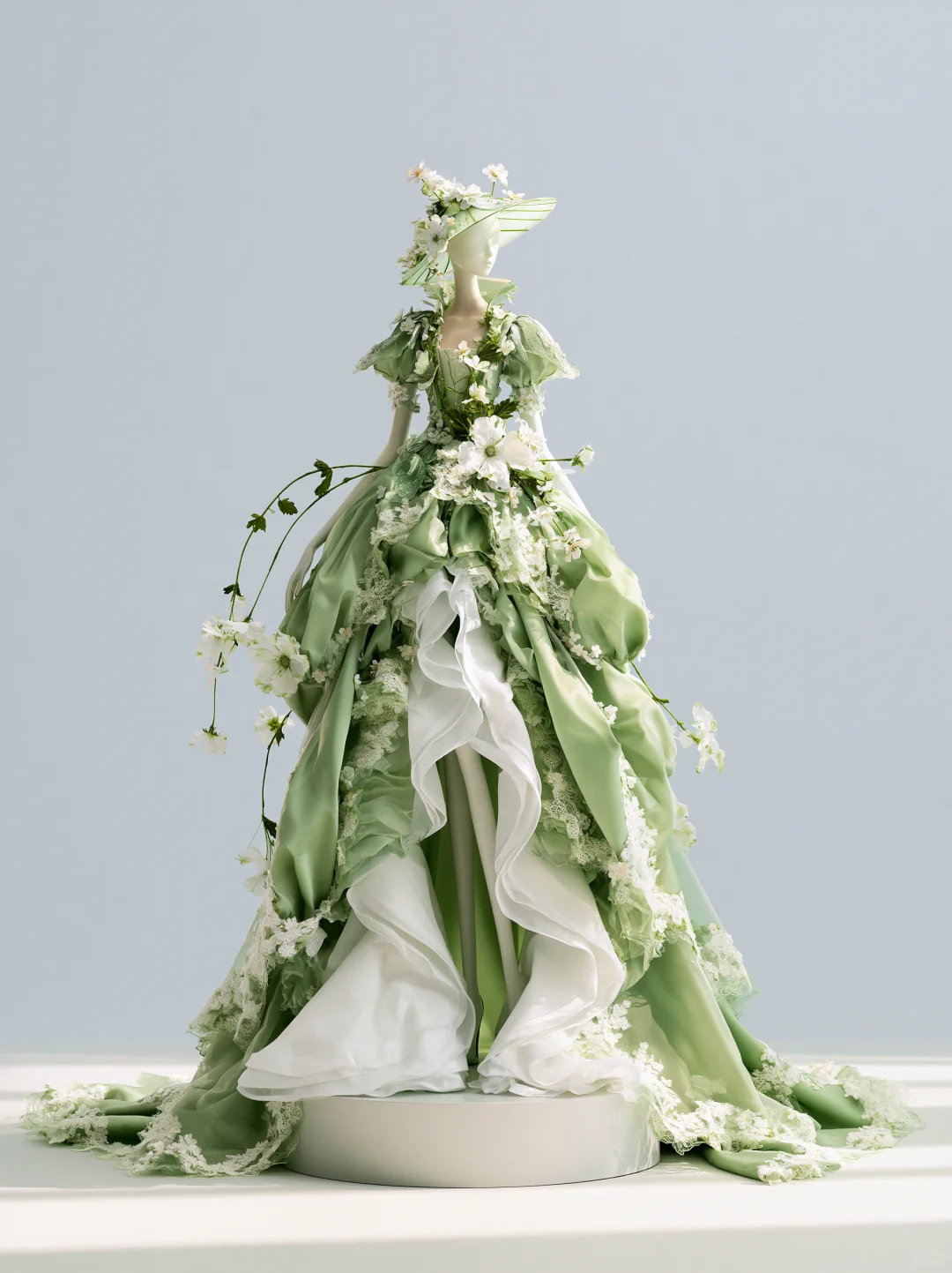 Sage Green Square Neck Puff Sleeve Satin 3D Floral Fairy Ball Gown  NV7471