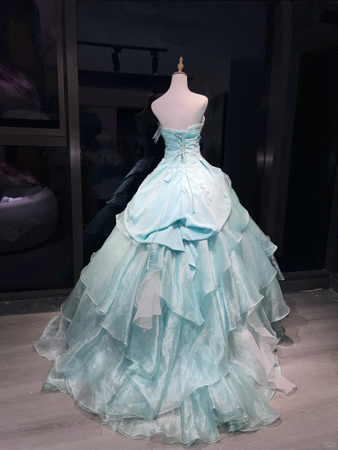 Strapless Mint Blue Prom Dress Satin Ruched Hand Beading 3D Flower Organza Ruffle Ball Gown  NV7051