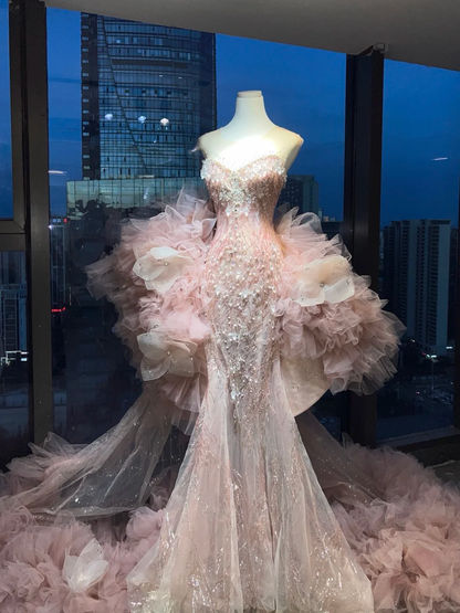 Blush Pink Strapless Mermaid Evening Gown Hand Beaded Rhinestone Sequin 3D Floral Ruffle Tulle Long Prom Dress  NV7013