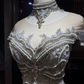 High Neck Silver Glitter Mermaid Prom Dress, Rhinestone Beaded Off Shoulder Evening Gown  NV7101