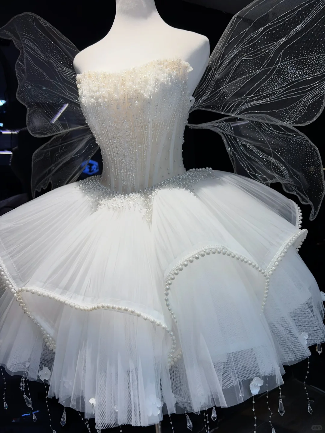 White Fairy Short Tulle Formal Gown Pearl Beaded Corset With Sparkly Wings  NV6952