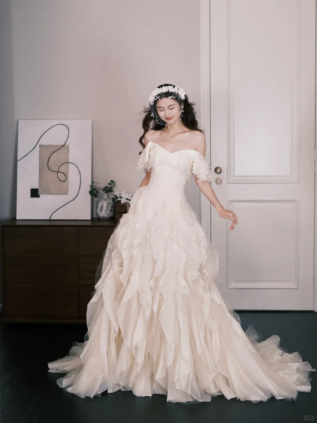 Sweetheart Off Shoulder Ruffle Tulle Bridal Gown, A Line Wedding Dress  NV7294
