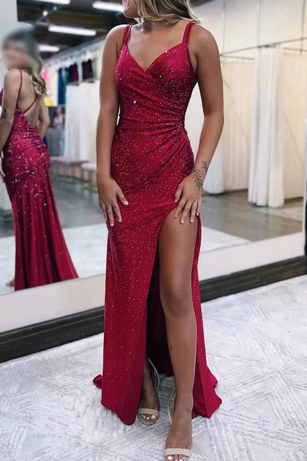 Sparkly Dark Red  Sheath Long Prom Dress with Slit nv1597