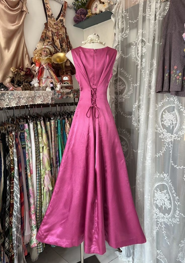 Pink Vintage Fashion A-Line Floor Length Satin Ball Gown Evening Dress Party Dress nv3604