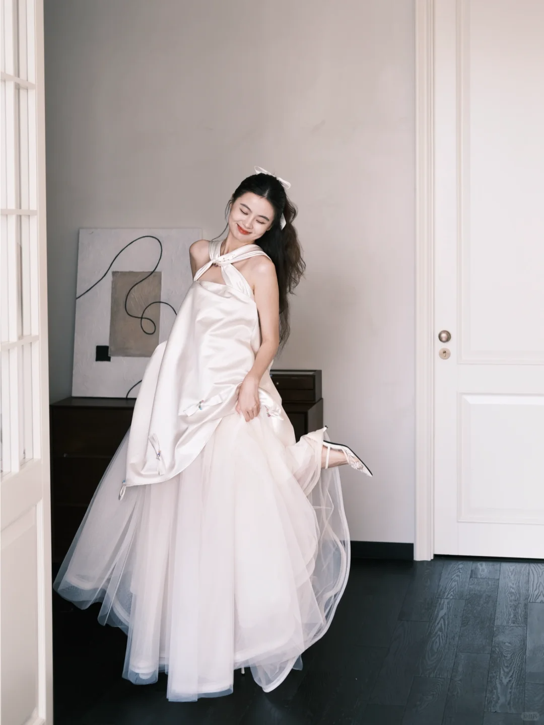 Halter Cutout Satin Tulle Wedding Dress with Beaded Bow Details  NV7385