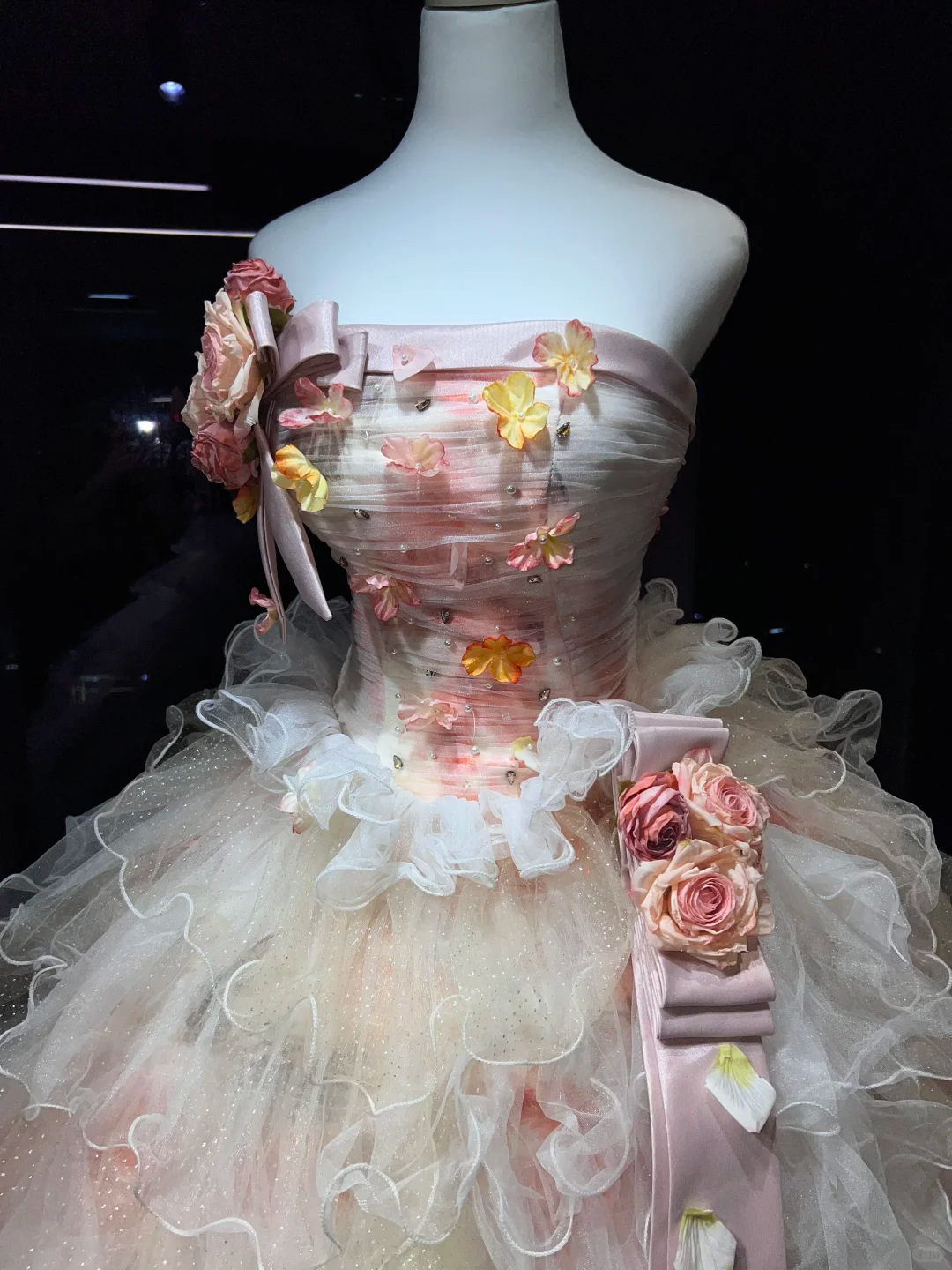 Strapless Pink Ombre Prom Dress 3D Rose Floral Tiered Glitter Tulle Cake Ball Gown  NV7061