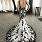 Wedding Dress Retro Black & White Style Spaghetti Strap Lace Gown | Ink Pattern Mermaid Train Maxi Dress for Gala Red Carpet Party High-End Social Event NV6266