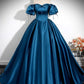 Peacock Blue A-line Puff Sleeve Satin Long Ball Gown Evening Dress nv2042