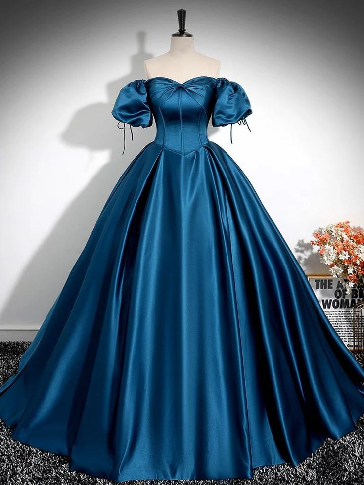 Peacock Blue A-line Puff Sleeve Satin Long Ball Gown Evening Dress nv2042