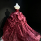 Burgundy Strapless Vintage Princess Ball Gown Black Bow 3D Flowers Printed Organza Long Evening Gown  NV7010