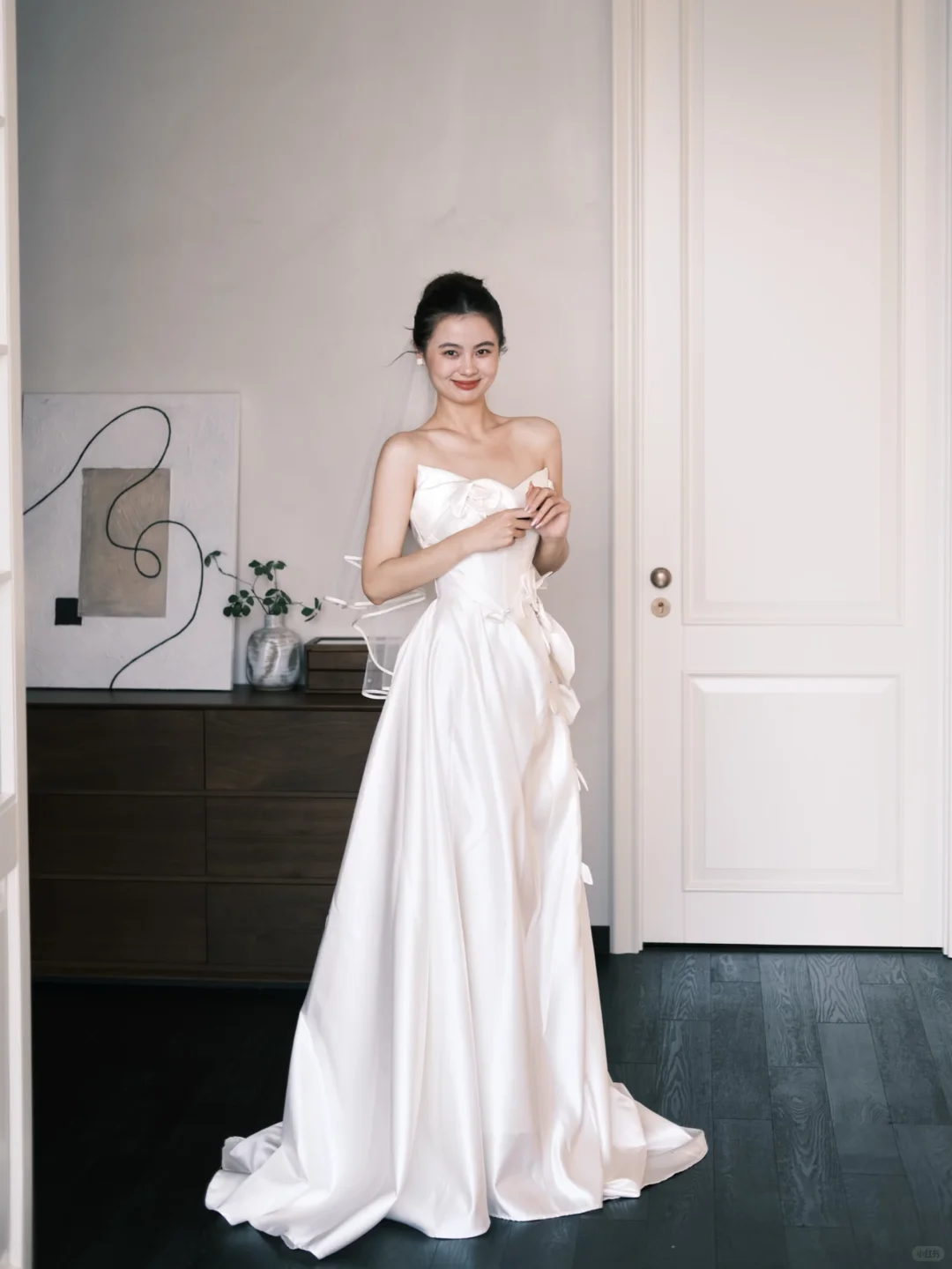Asymmetric Strapless Satin Wedding Gown, 3D Flower A Line Bridal Dress  NV7353