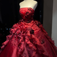 Burgundy Strapless Ball Gown 3D Rose Beaded Ruffle Tulle Formal Evening Dress  NV6972