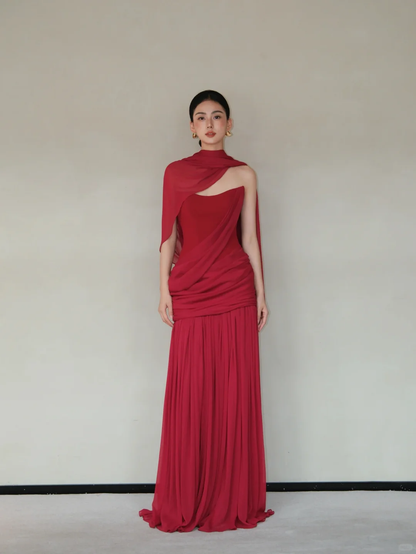 Burgundy One Shoulder Draped Chiffon Pleated Evening Gown with Cape  NV7188