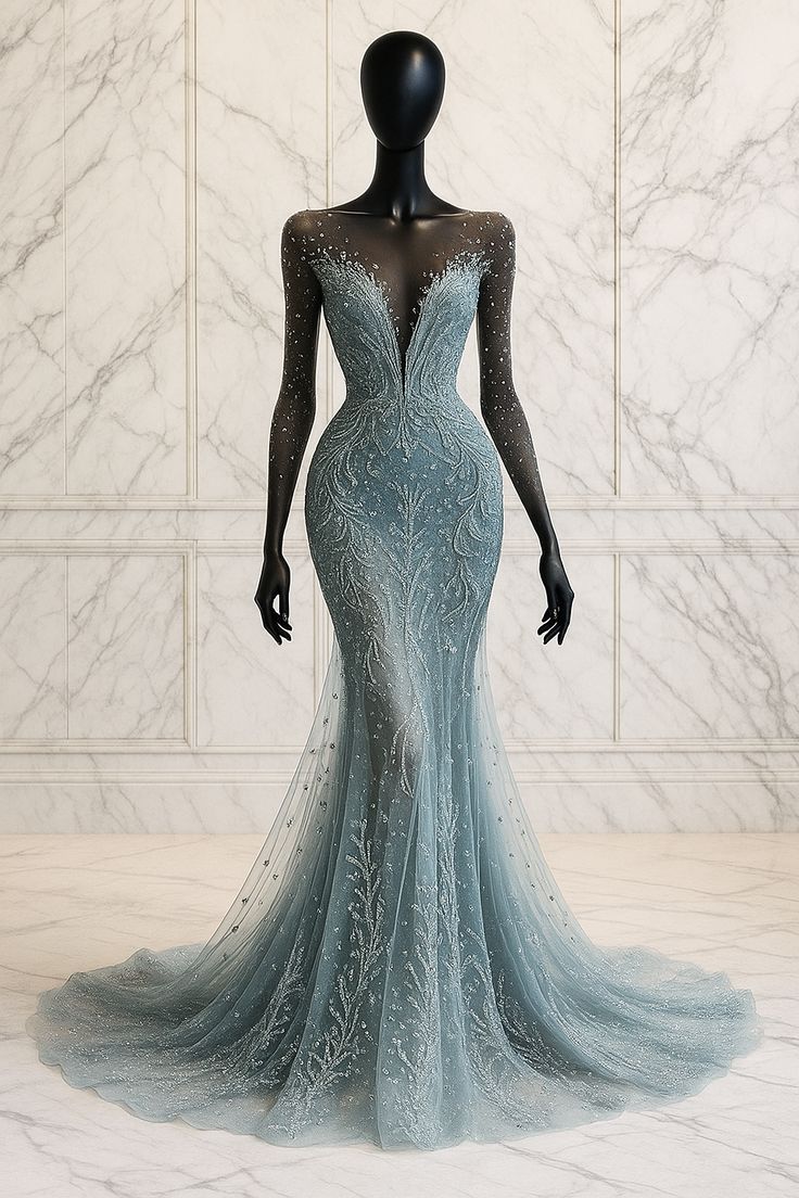 NiceVestidos-Blue Delicate Beaded Lace Long Tulle Dress NV6132