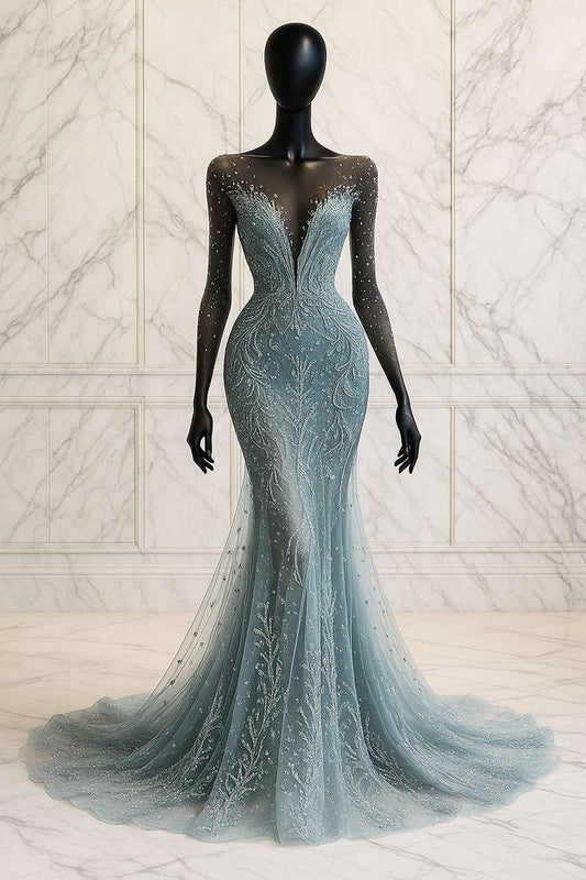 NiceVestidos-Blue Delicate Beaded Lace Long Tulle Dress NV6132