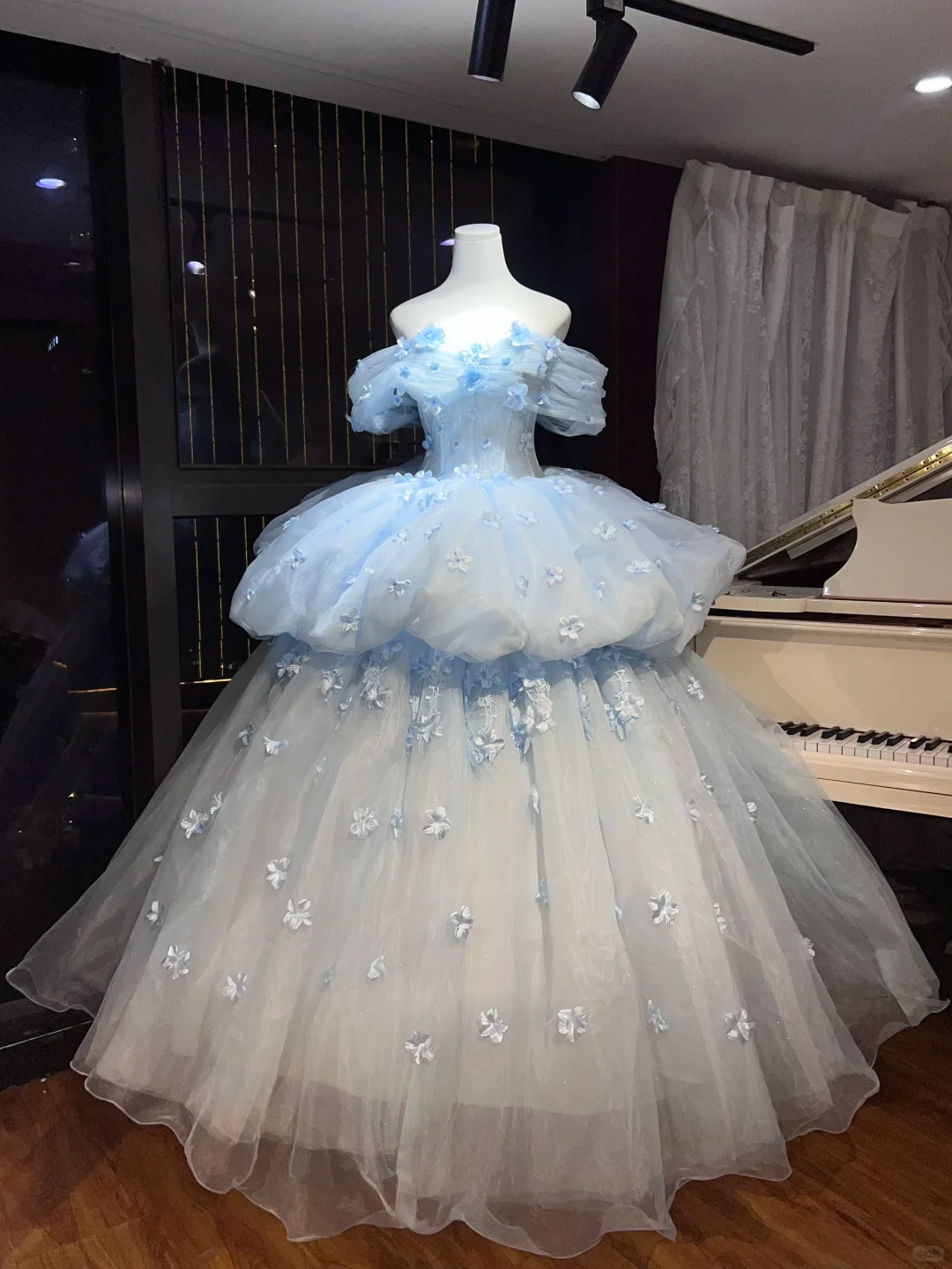 Off Shoulder Light Blue 3D Floral Tulle Ball Gown, Princess Prom Evening Dress  NV7098
