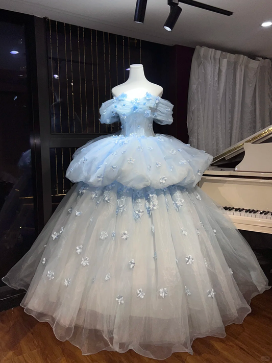 Off Shoulder Light Blue 3D Floral Tulle Ball Gown, Princess Prom Evening Dress  NV7098