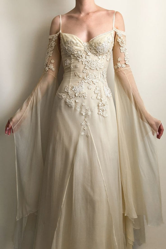 NiceVestidos--Floral Long Sleeve Chiffon Long Prom Dress Fairy Dress NV5882