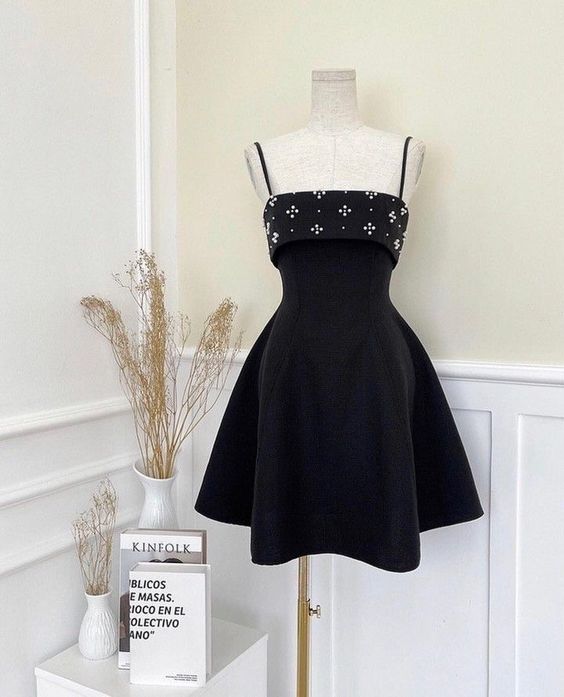 Black simple cute spaghetti strap rhinestone embellishment short mini homecoming dress birthday party dress nv2771