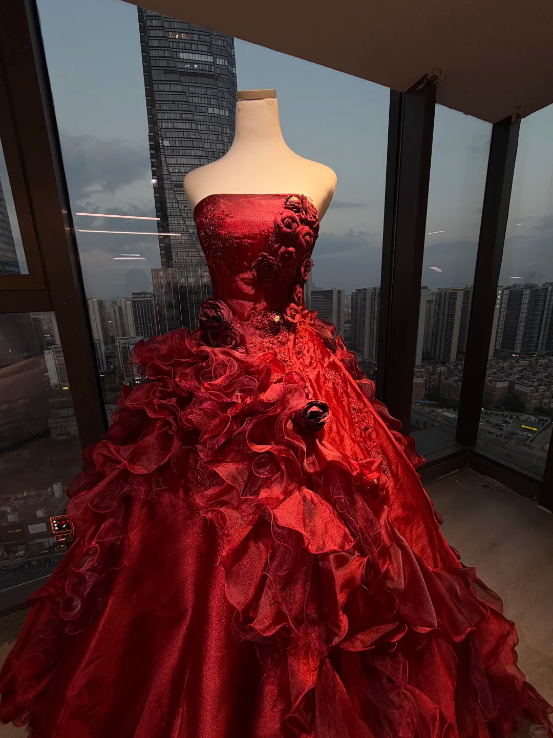 Strapless Burgundy Ball Gown Hand Beaded 3D Rose Ruffle Satin Tulle Prom Dress  NV7040