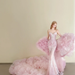 Pink Strapless Sequin Mermaid Gown 3D Cloud Tulle Train with Cape  NV7182