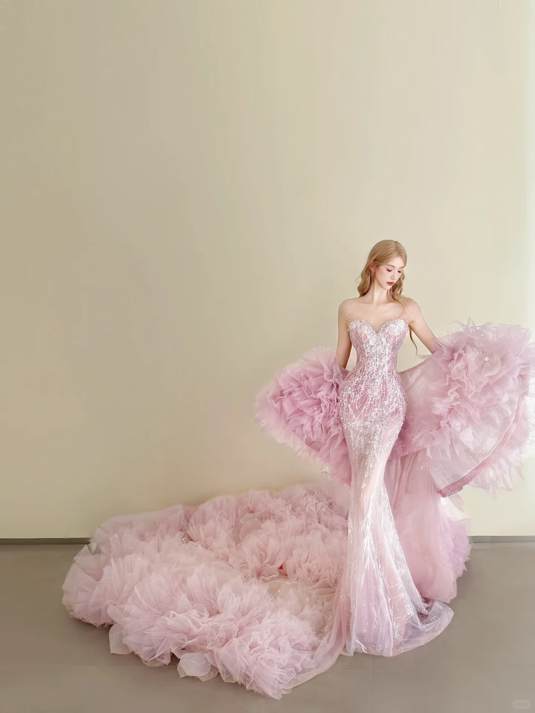 Pink Strapless Sequin Mermaid Gown 3D Cloud Tulle Train with Cape  NV7182