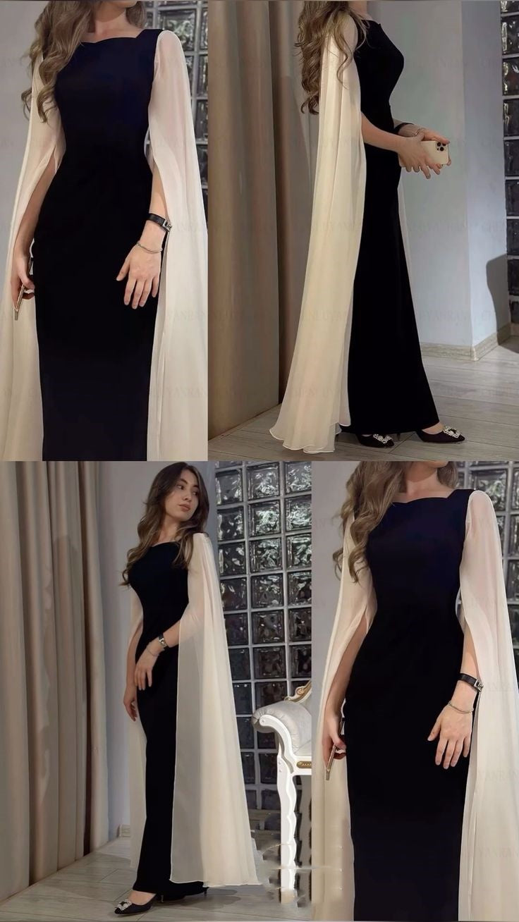 Black and white simple elegant white long tulle sleeves long ball gown evening dress party dress nv2439