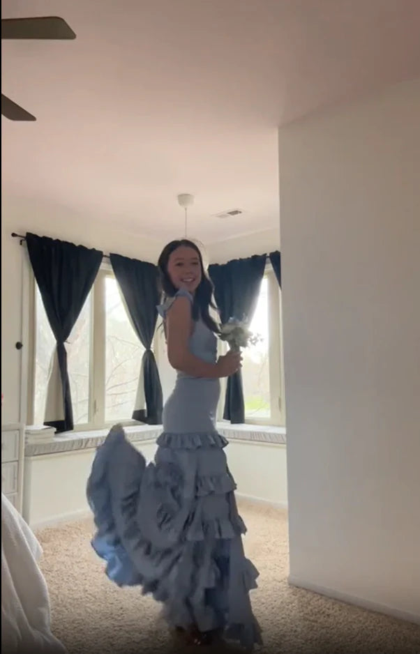 Blue Elegant Fashion Long Satin Tiered Ruffles Ball Gown Evening Gown Party Dress Bridesmaid Dress Graduation Gown nv3568